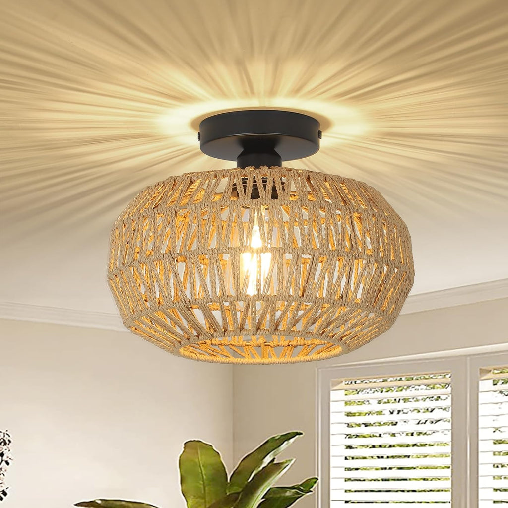 Boho Rattan Ceiling Light Fixture with LED Bulb
