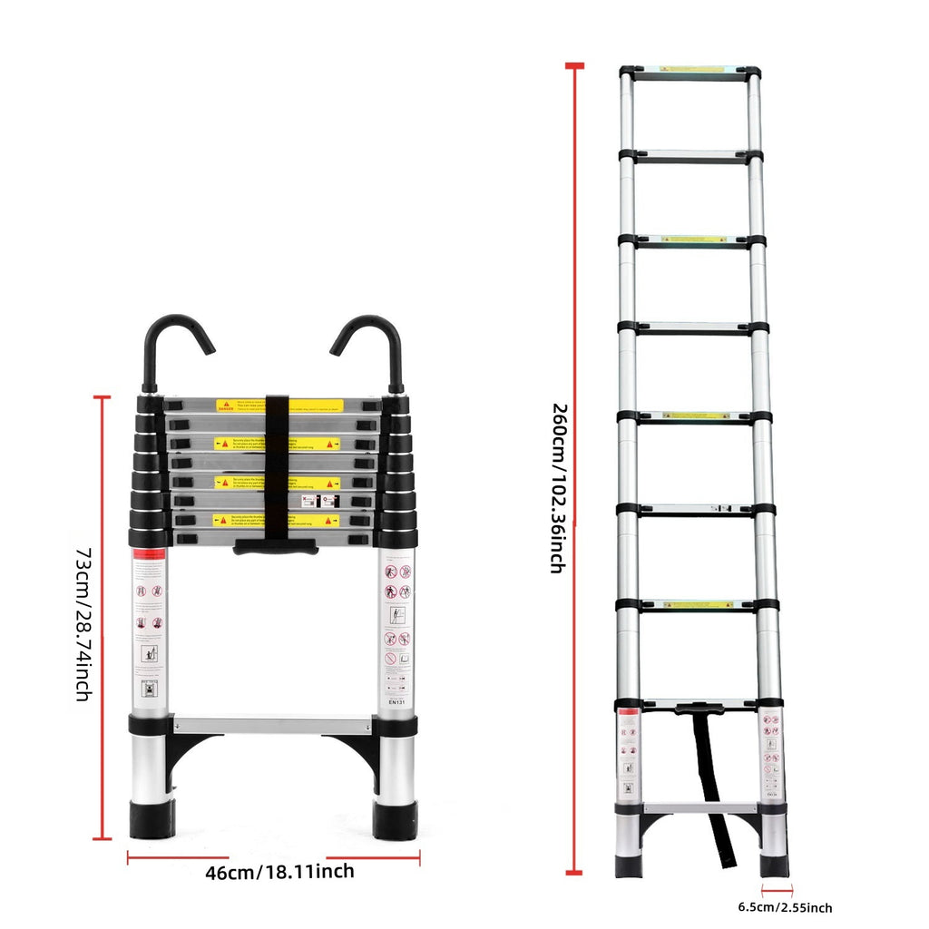 8.5FT Telescopic Aluminum Extension Ladder — Folding with Hooks & Support Frame