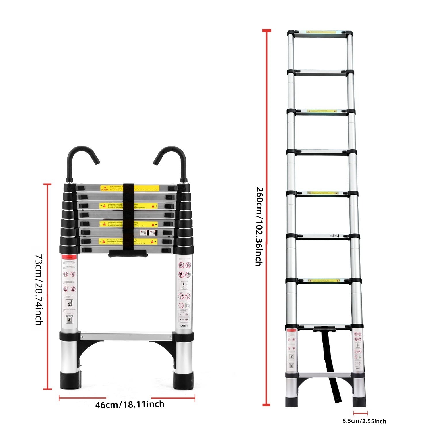 8.5FT Telescopic Aluminum Extension Ladder — Folding with Hooks & Support Frame
