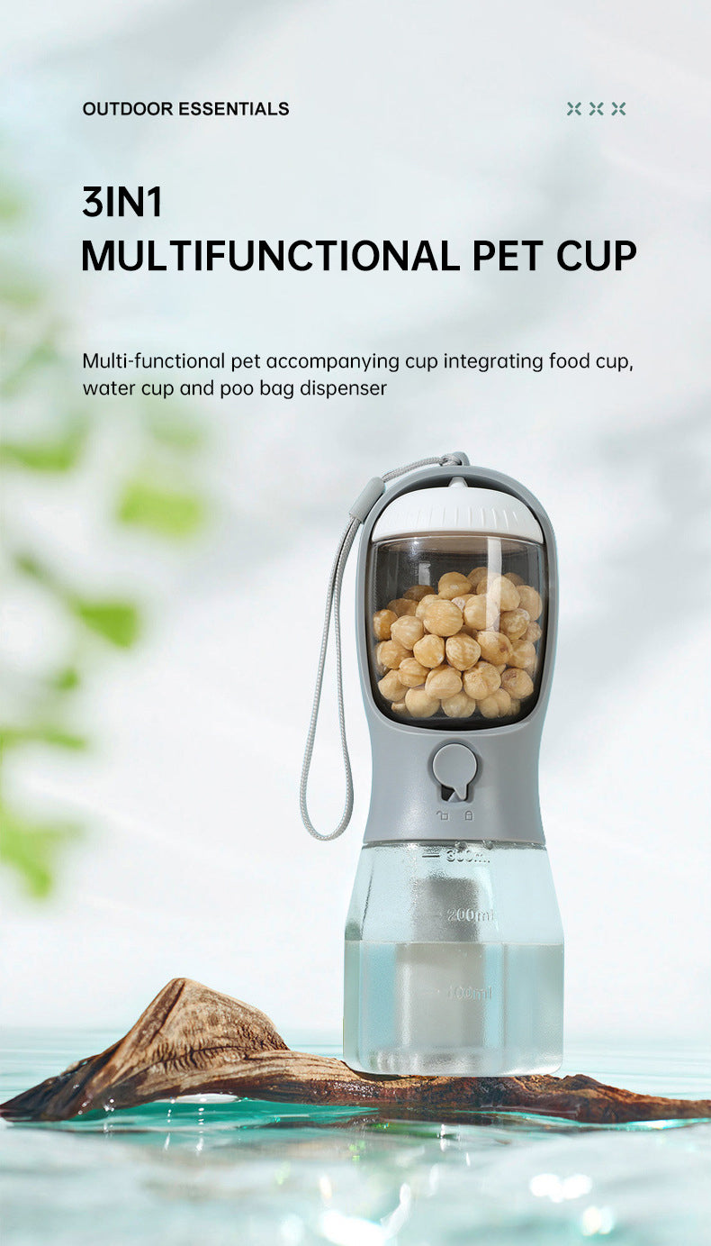 3-in-1 Dog Travel Water Bottle – Dispenser, Treat & Poop Bag Holder