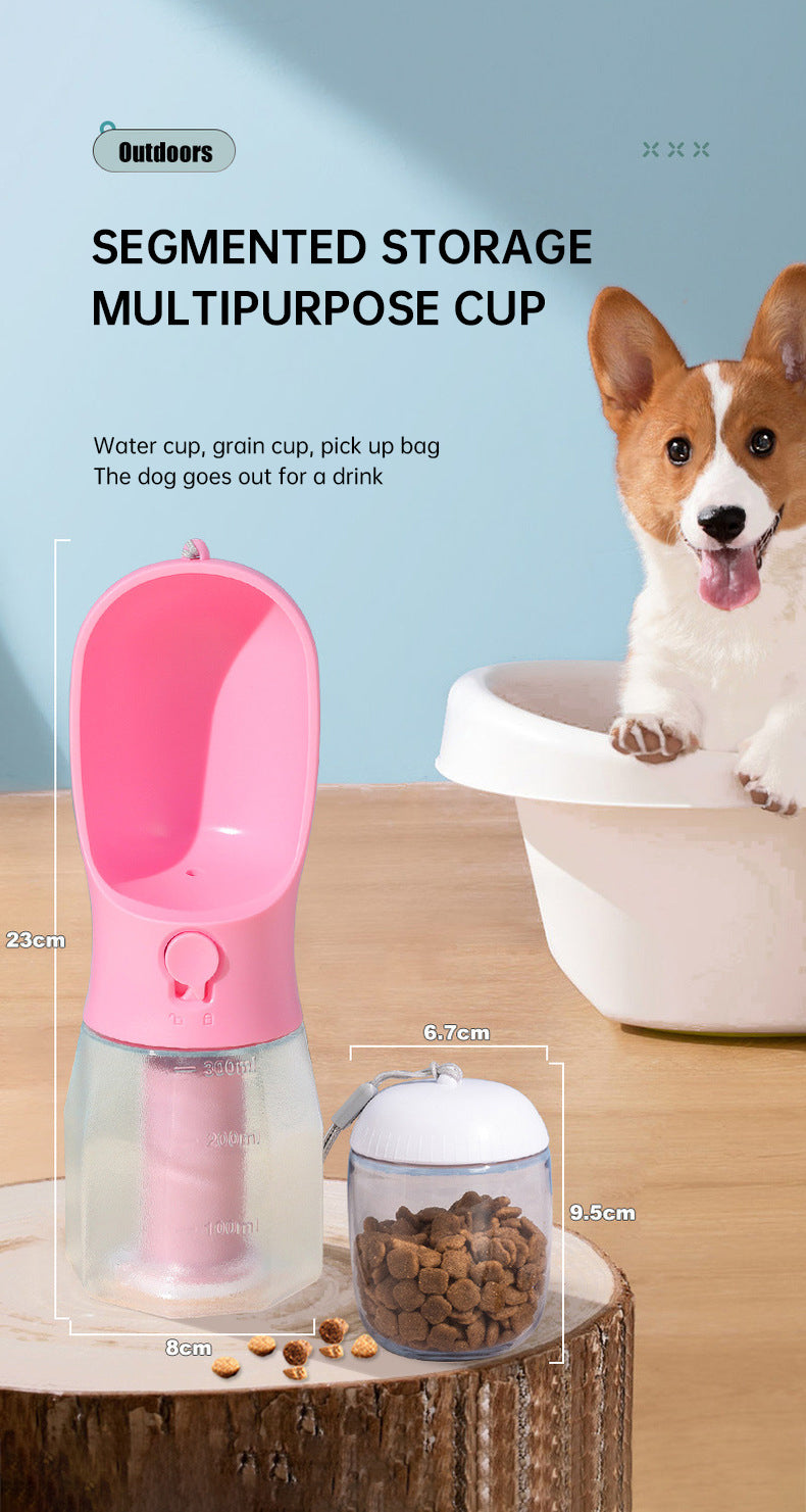 3-in-1 Dog Travel Water Bottle – Dispenser, Treat & Poop Bag Holder