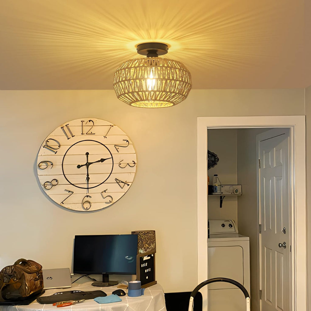 Boho Rattan Ceiling Light Fixture with LED Bulb