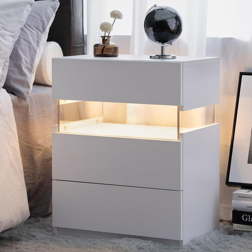 LED Nightstand with 3 Drawers — Modern Bedside Table with Acrylic LED Lighting