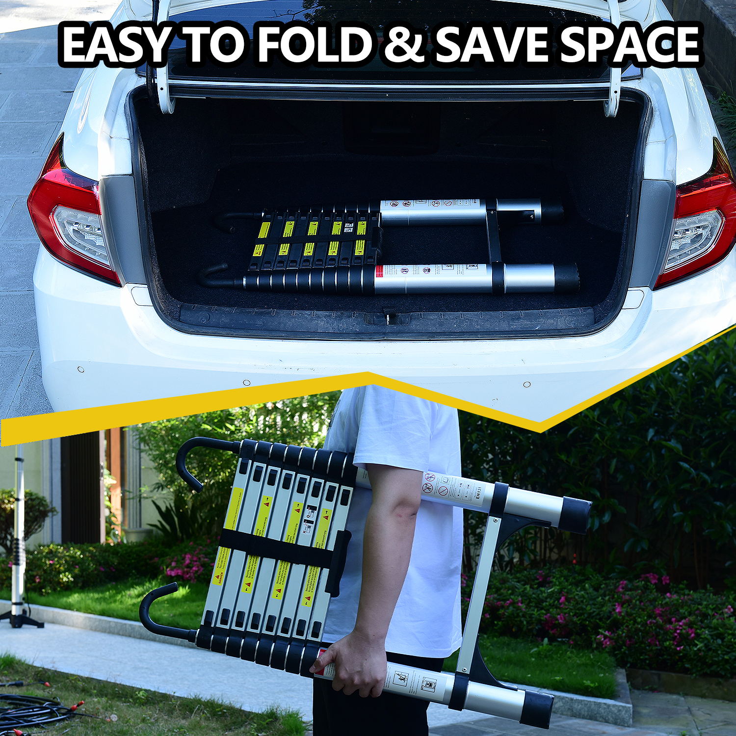 8.5FT Telescopic Aluminum Extension Ladder — Folding with Hooks & Support Frame