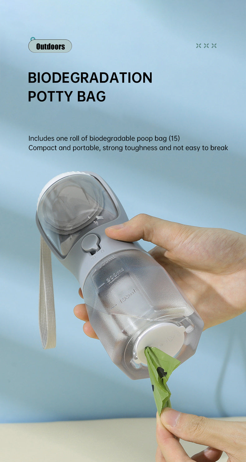 3-in-1 Dog Travel Water Bottle – Dispenser, Treat & Poop Bag Holder