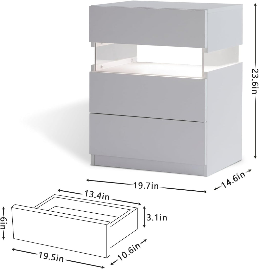 LED Nightstand with 3 Drawers — Modern Bedside Table with Acrylic LED Lighting