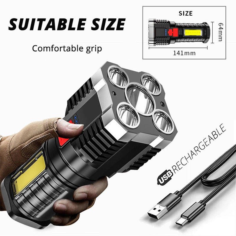 5-LED Rechargeable Tactical Flashlight with COB Side Light
