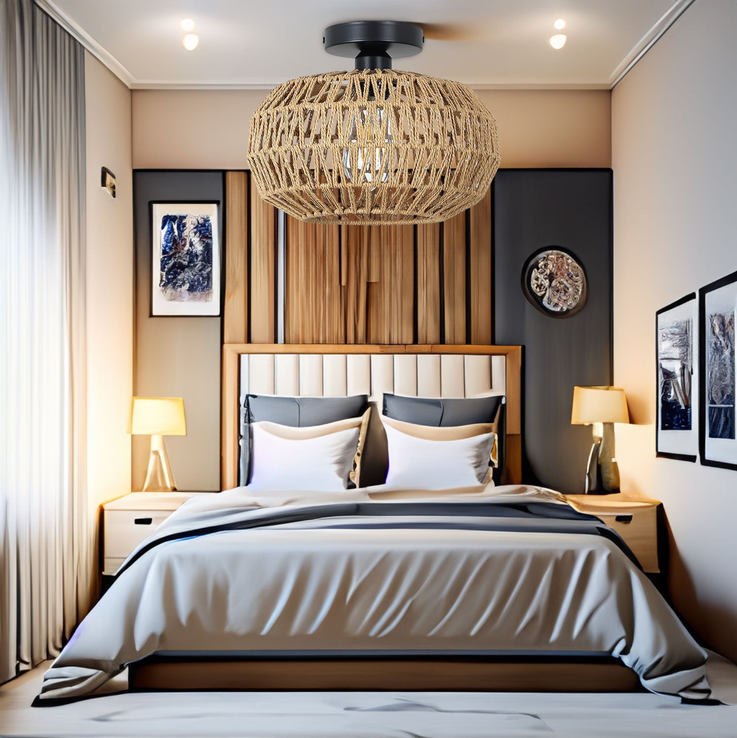 Boho Rattan Ceiling Light Fixture with LED Bulb