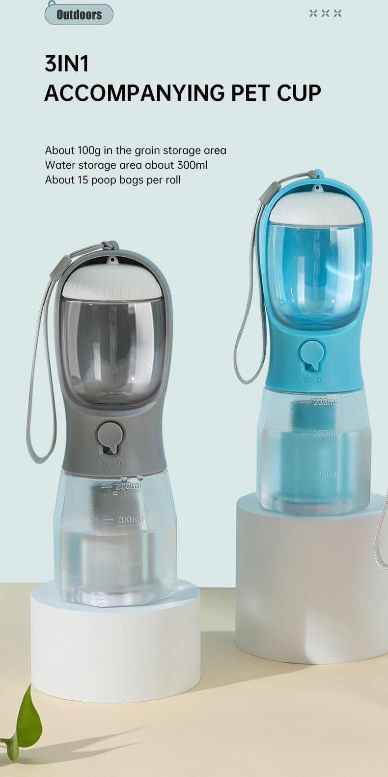 3-in-1 Dog Travel Water Bottle – Dispenser, Treat & Poop Bag Holder