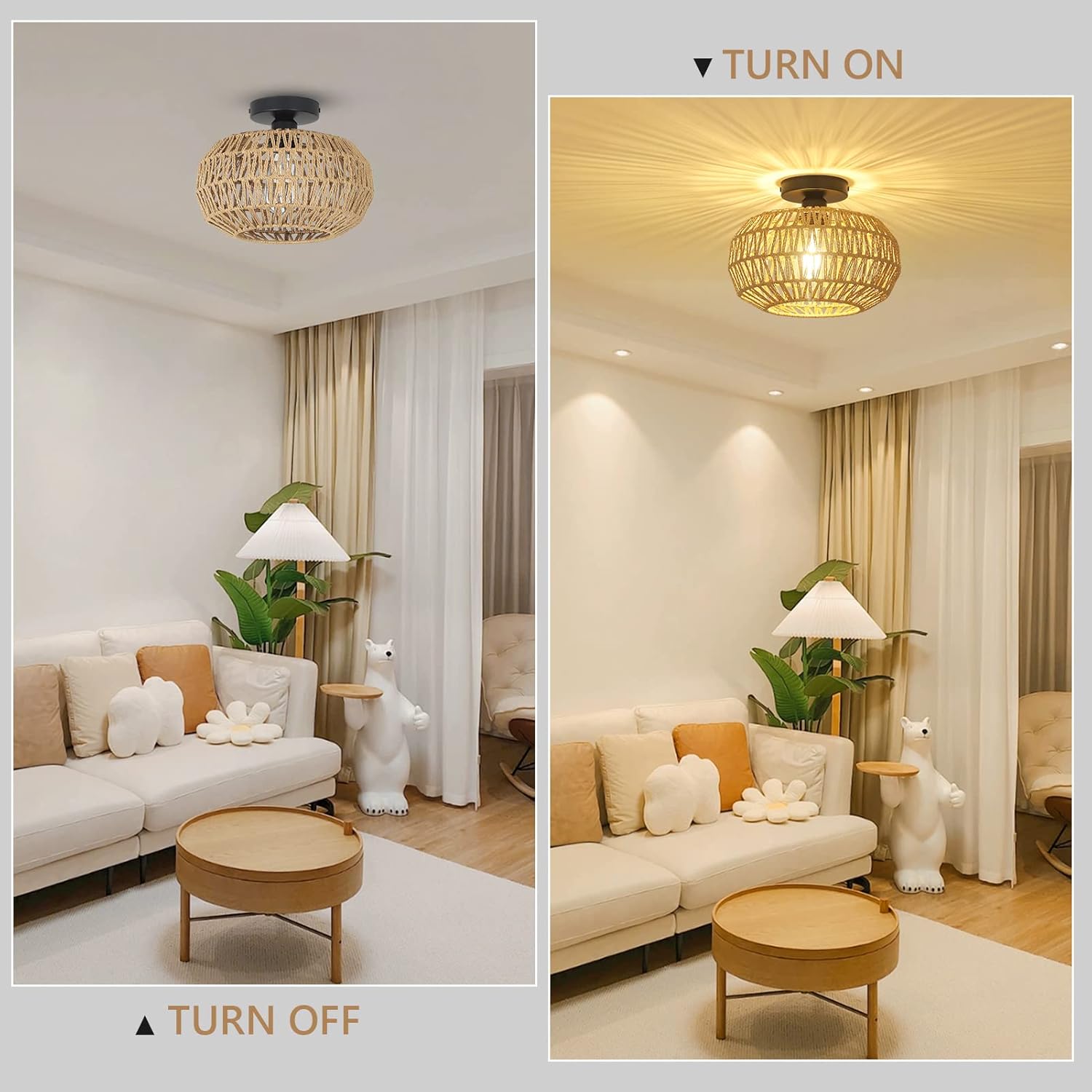 Boho Rattan Ceiling Light Fixture with LED Bulb