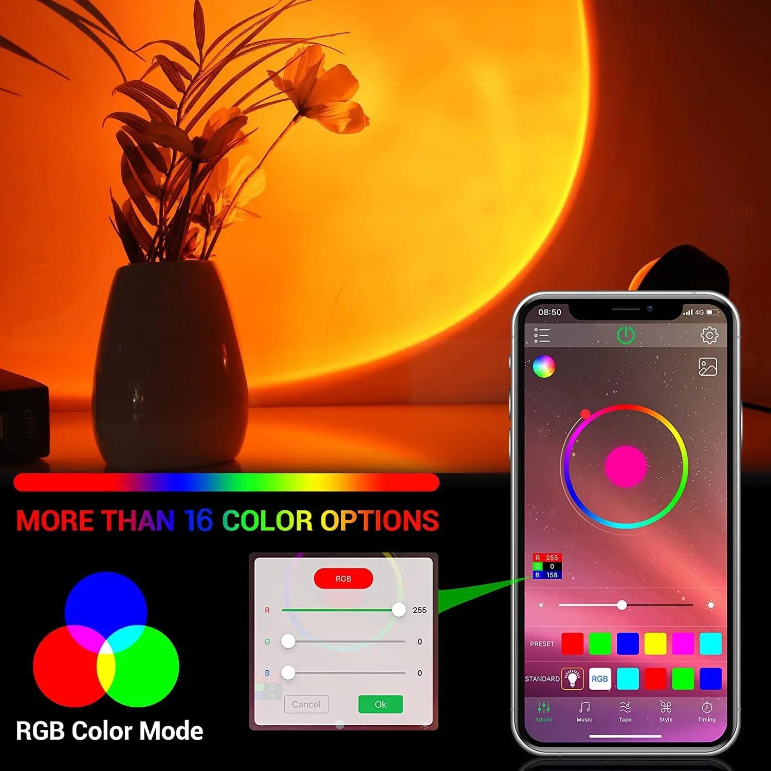 Sunset Lamp Projector – 16-Color LED Room Glow (Remote + App)