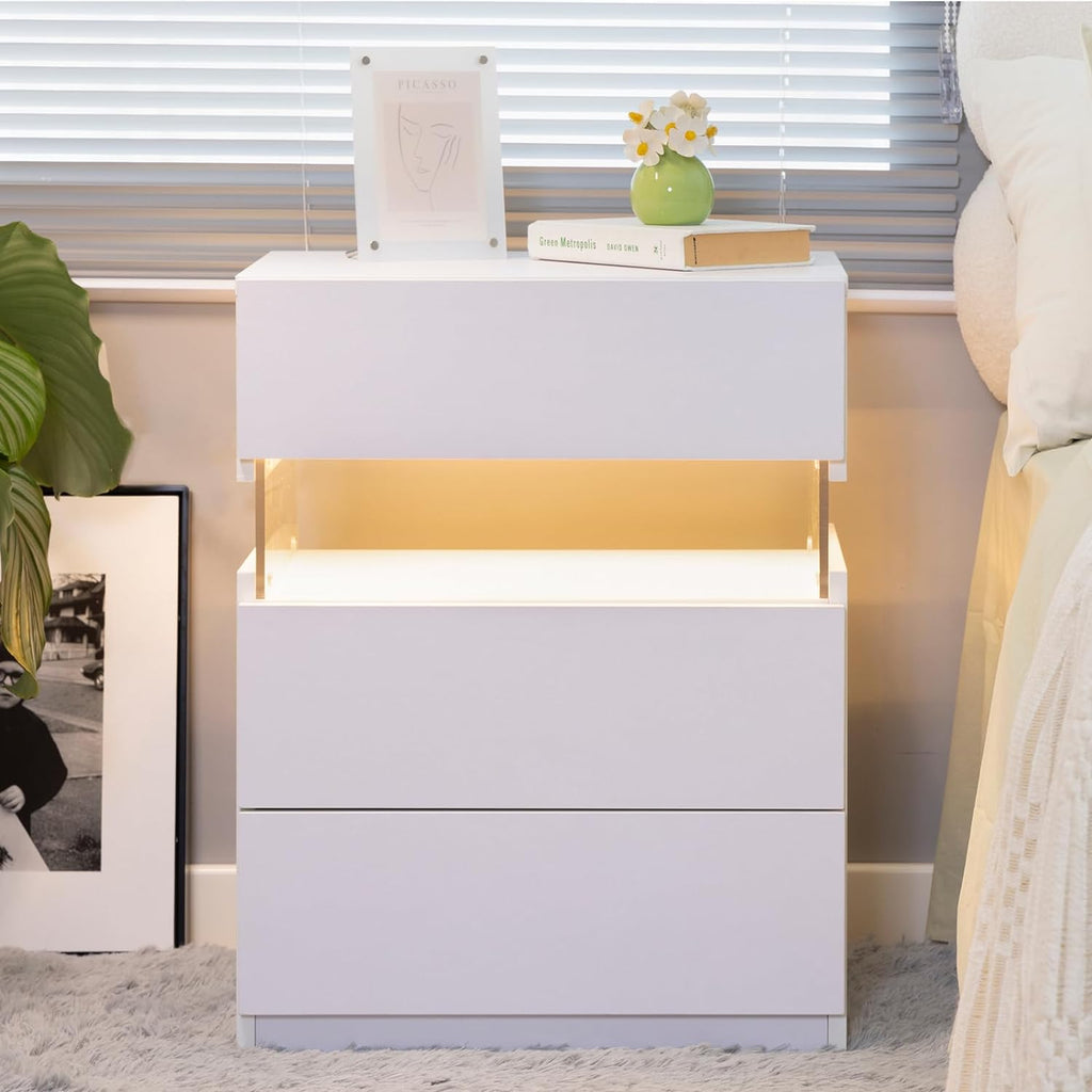 LED Nightstand with 3 Drawers — Modern Bedside Table with Acrylic LED Lighting