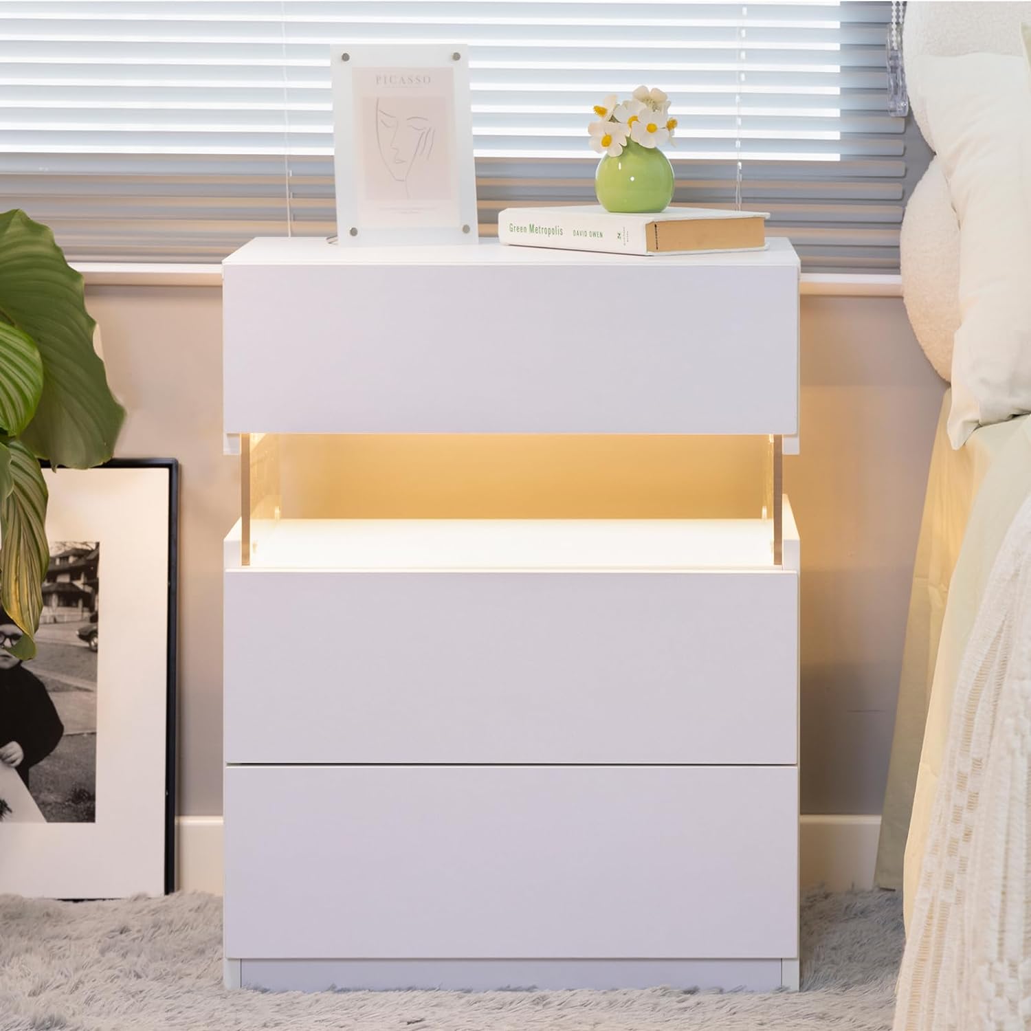 LED Nightstand with 3 Drawers — Modern Bedside Table with Acrylic LED Lighting