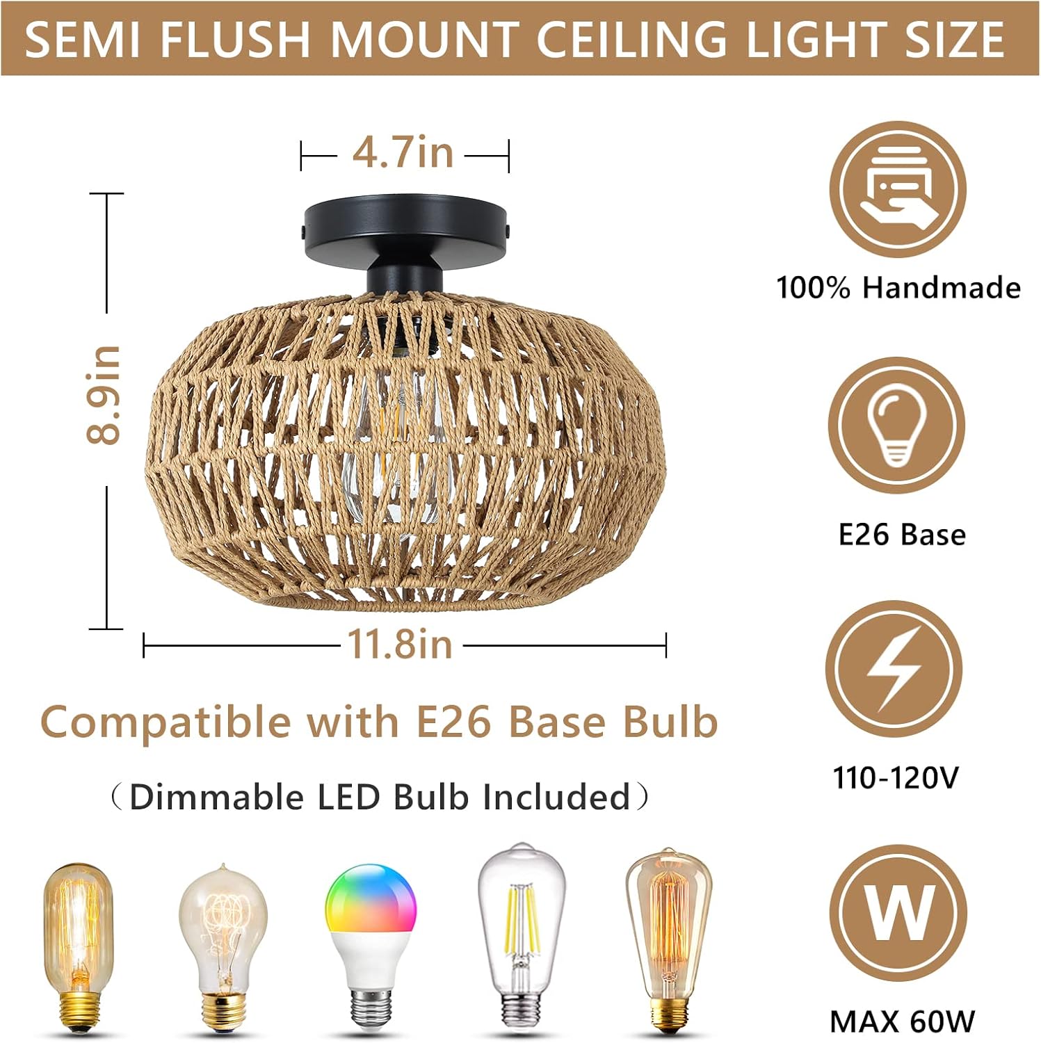 Boho Rattan Ceiling Light Fixture with LED Bulb