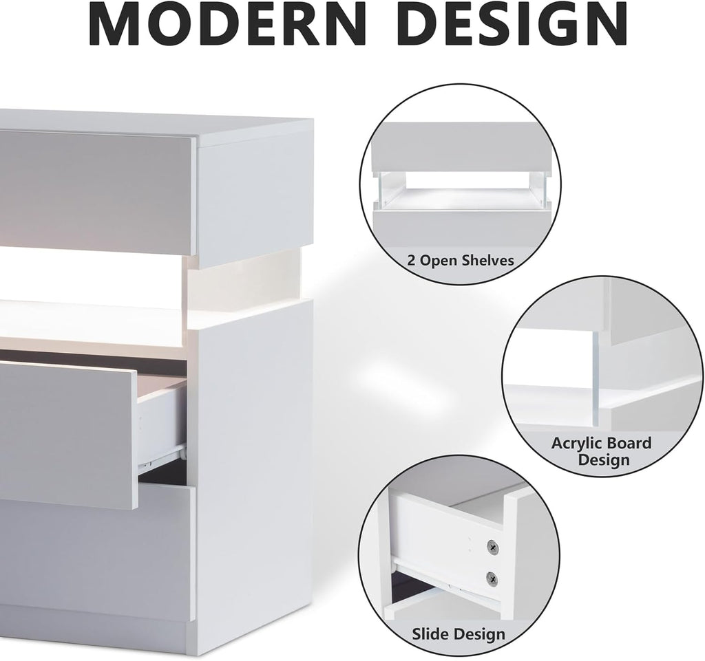 LED Nightstand with 3 Drawers — Modern Bedside Table with Acrylic LED Lighting