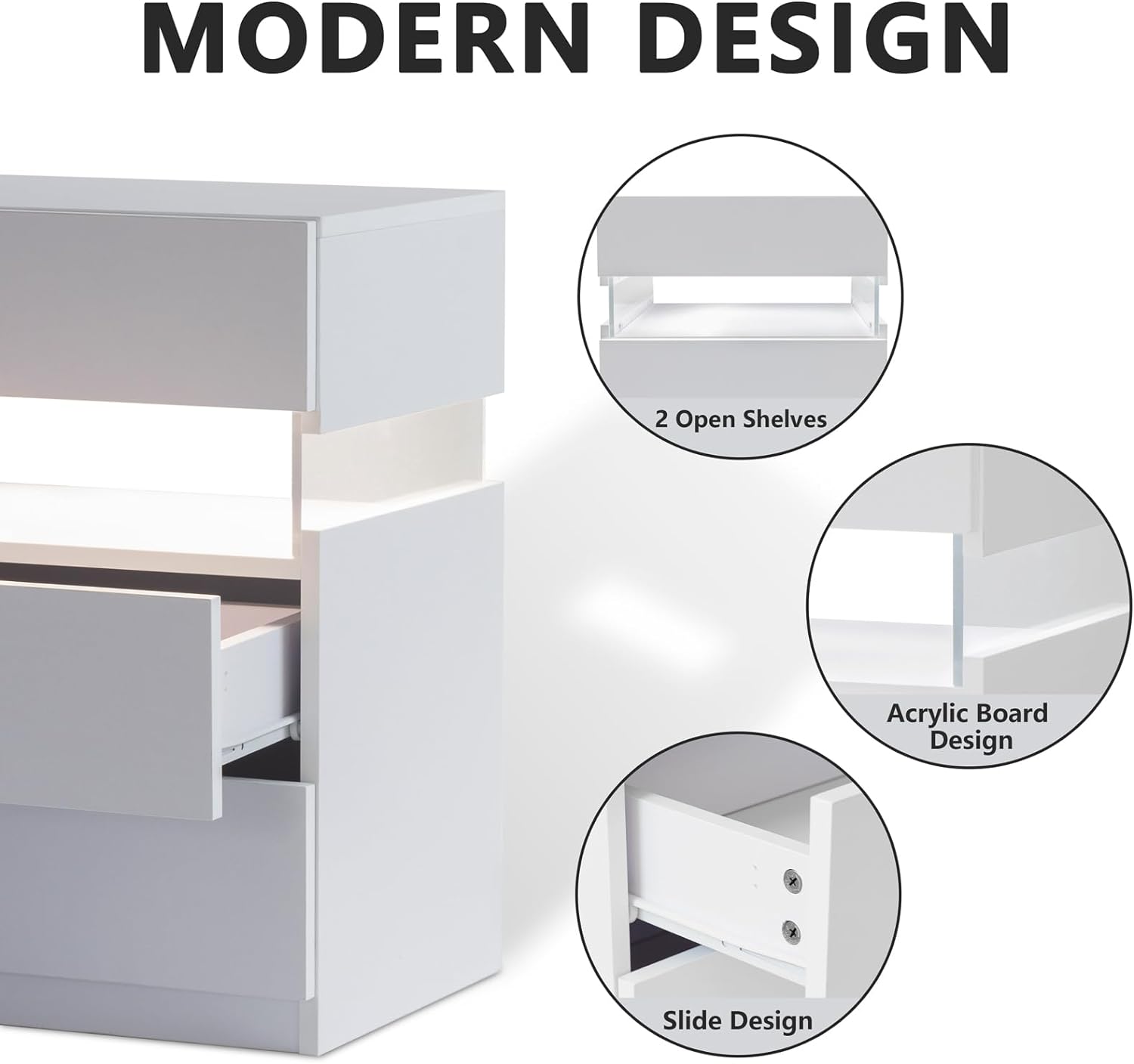 LED Nightstand with 3 Drawers — Modern Bedside Table with Acrylic LED Lighting