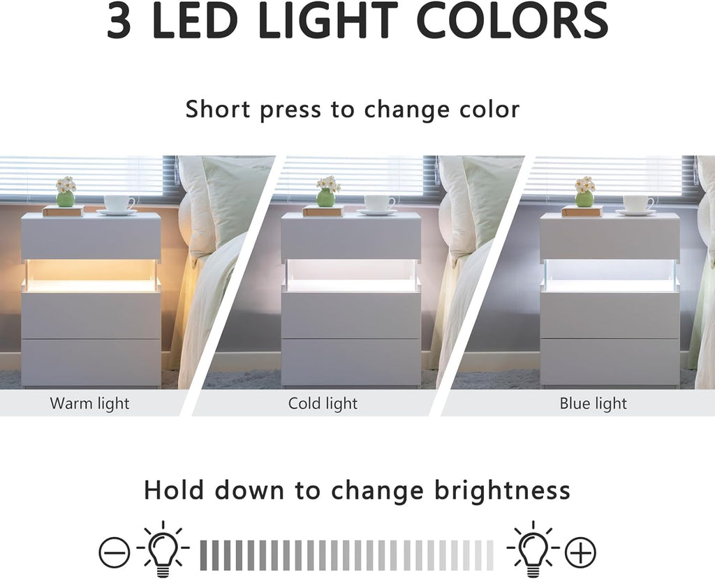 LED Nightstand with 3 Drawers — Modern Bedside Table with Acrylic LED Lighting