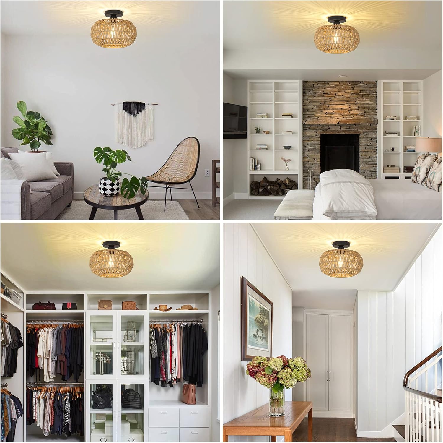 Boho Rattan Ceiling Light Fixture with LED Bulb