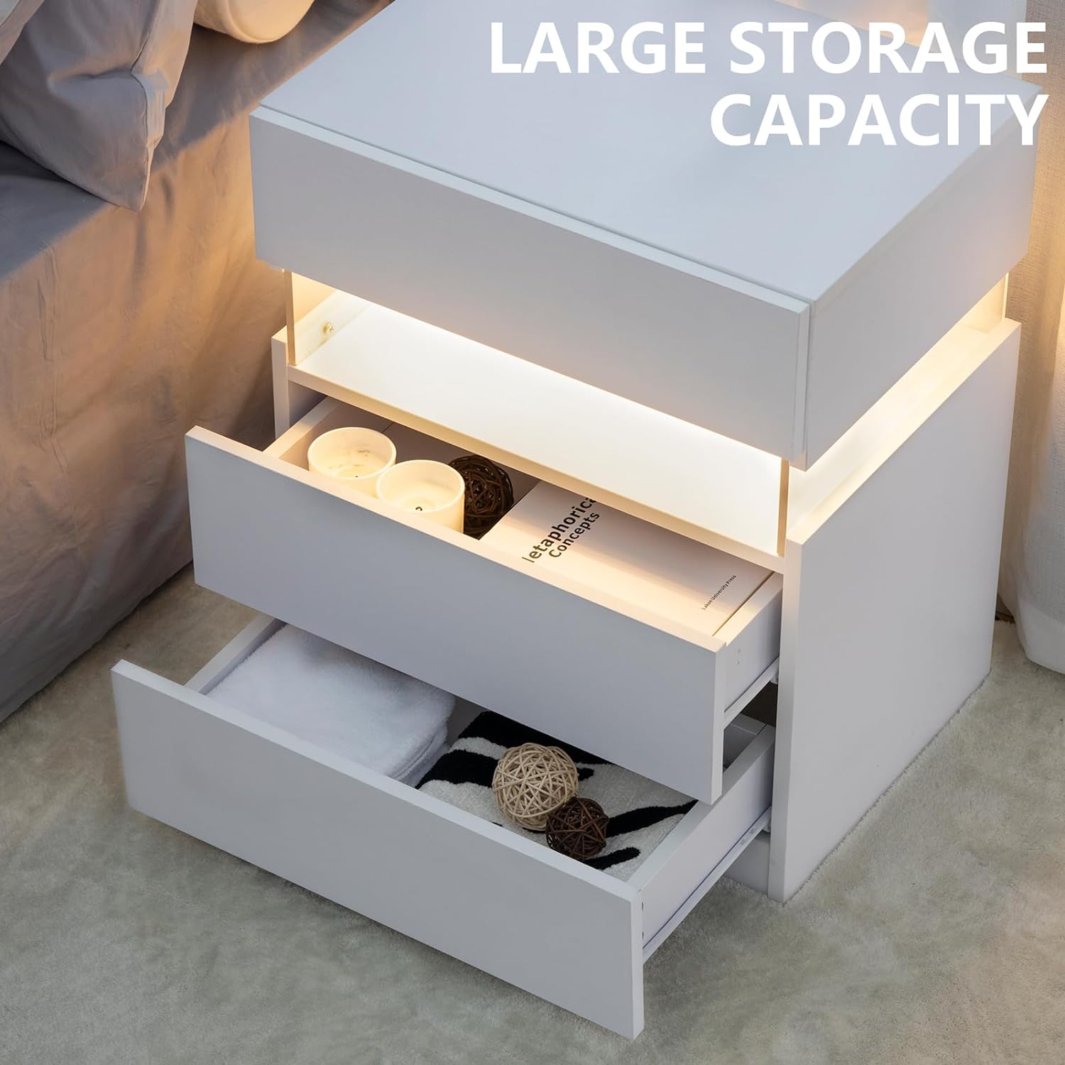 LED Nightstand with 3 Drawers — Modern Bedside Table with Acrylic LED Lighting