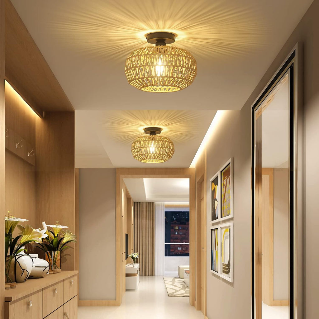 Boho Rattan Ceiling Light Fixture with LED Bulb