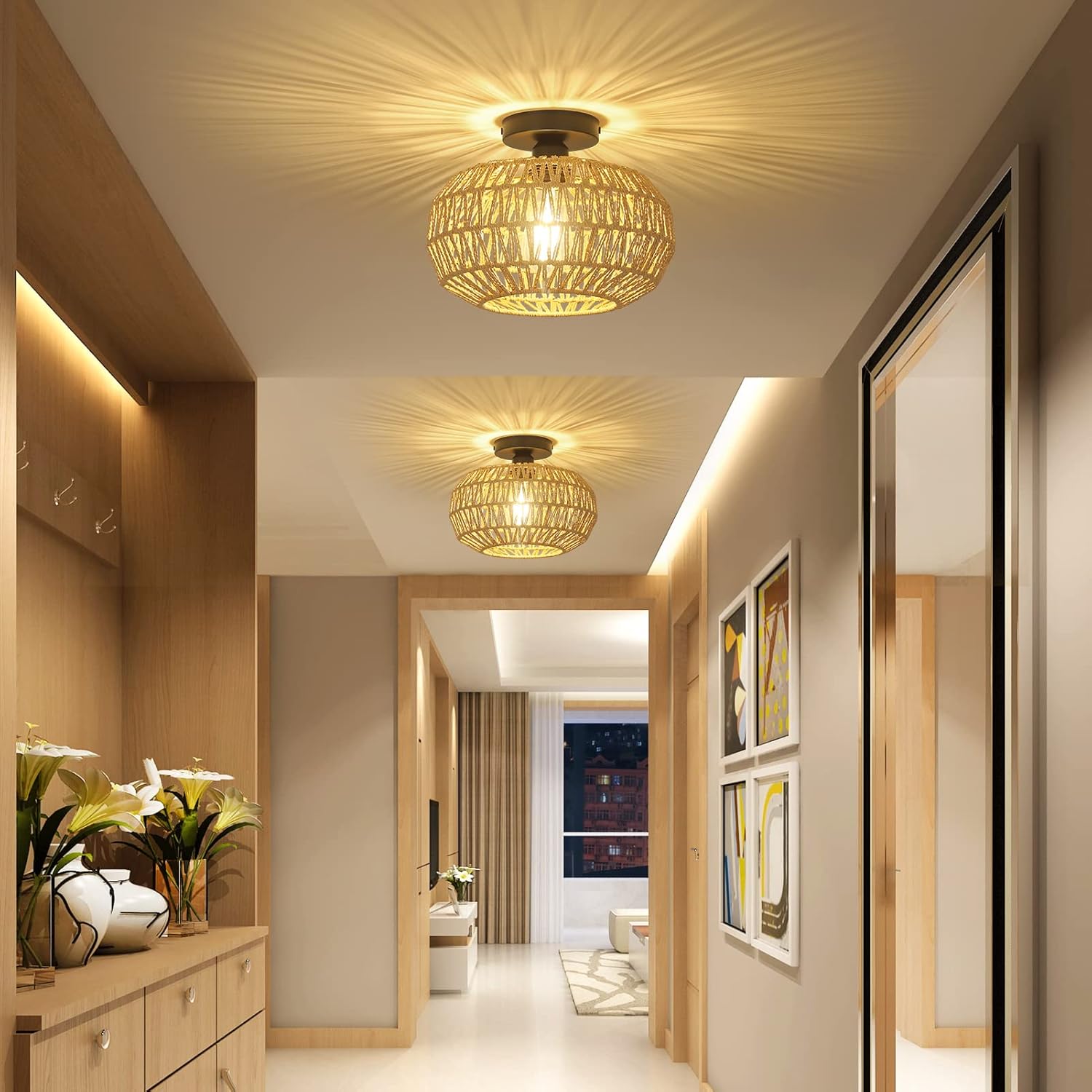 Boho Rattan Ceiling Light Fixture with LED Bulb