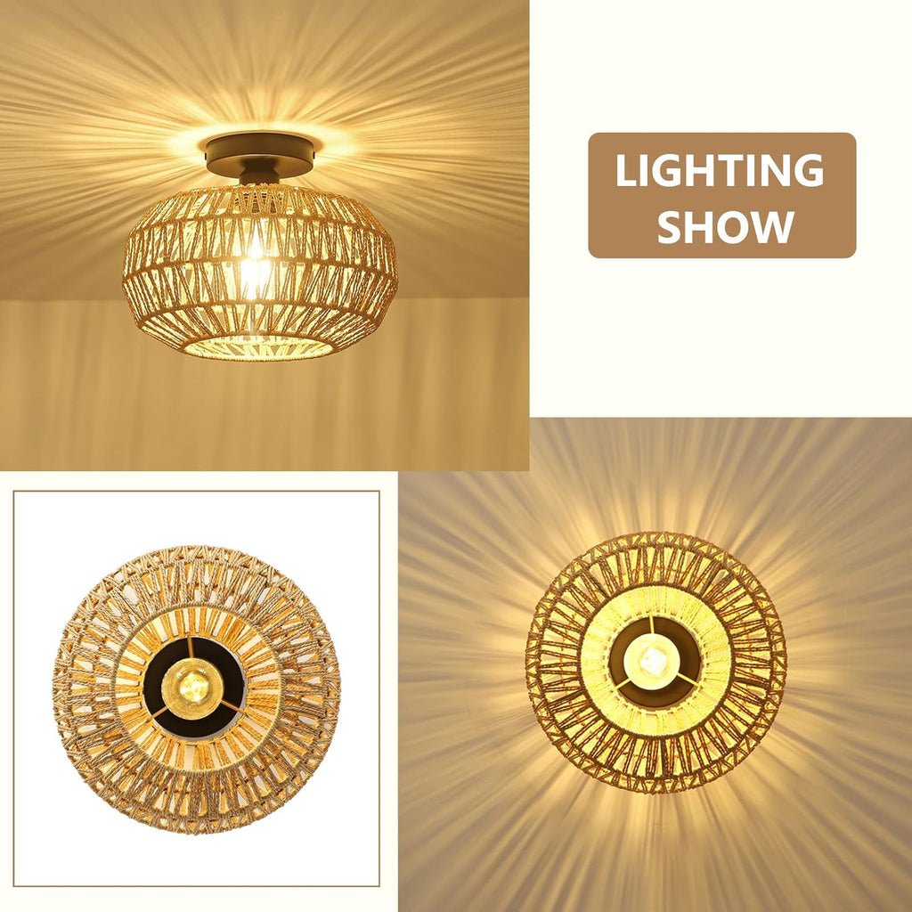 Boho Rattan Ceiling Light Fixture with LED Bulb