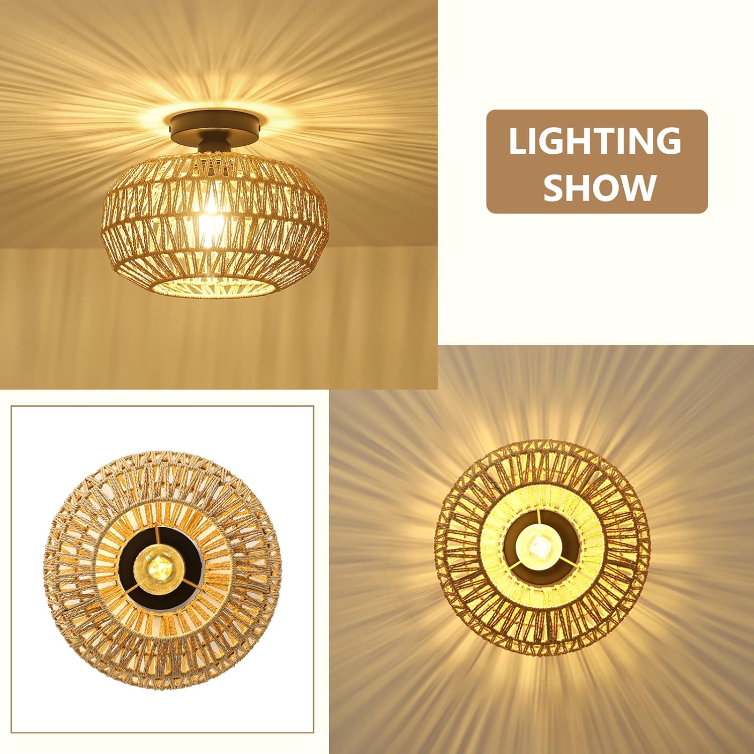Boho Rattan Ceiling Light Fixture with LED Bulb